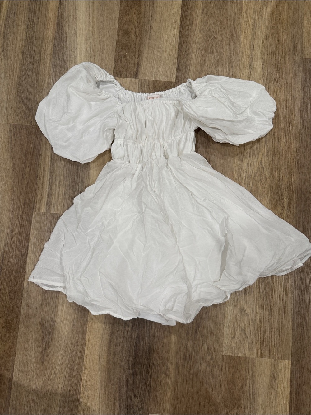 White Puff-Sleeve Casual Mini Dress with Smocked Waist